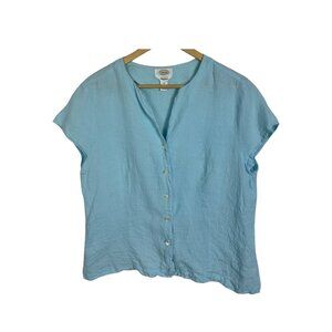 Talbots 100% Irish Linen V-Neck Button Down Short Sleeve Blouse Size 16 Blue Top